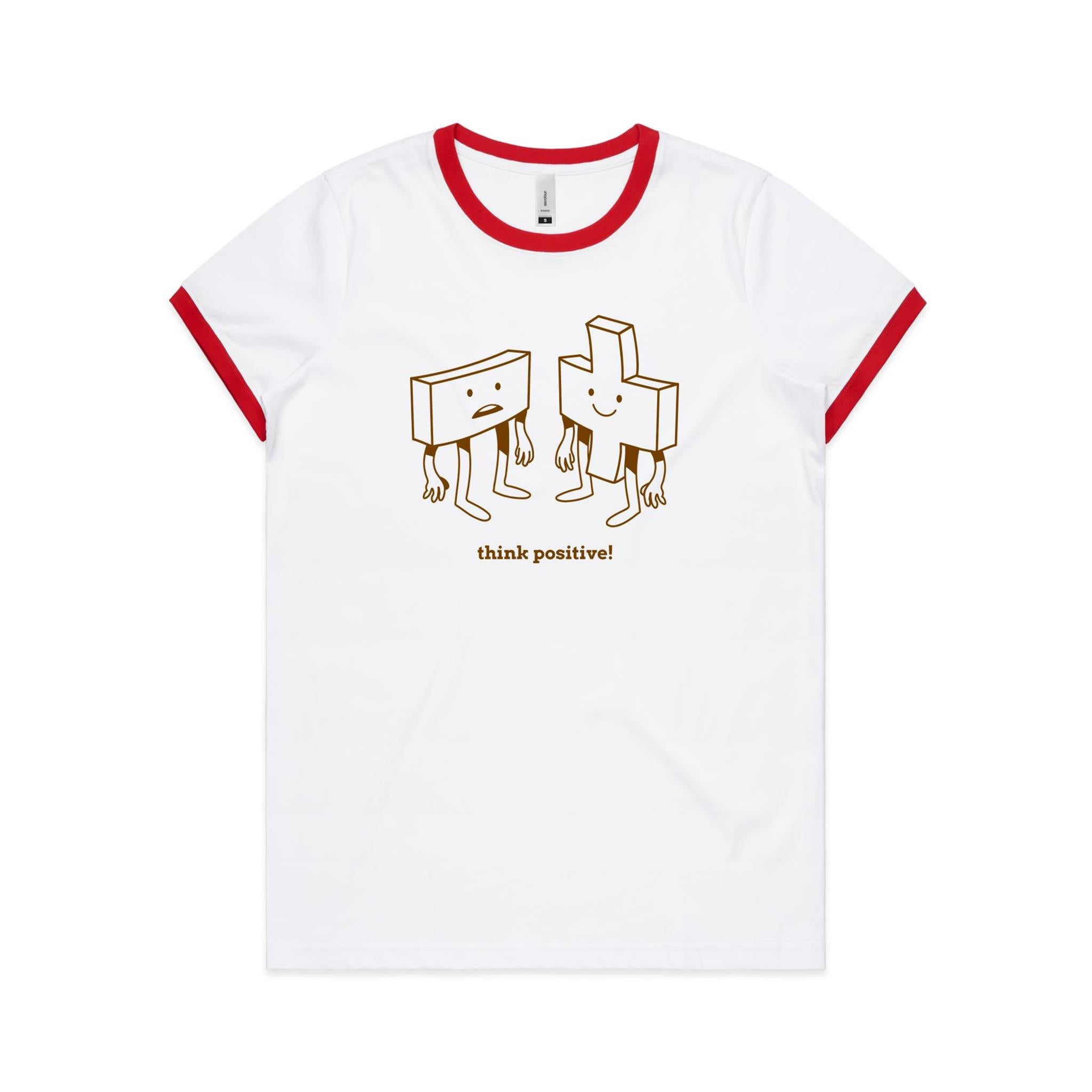 Think Positive, Maths - Women's Ringer Tee White Red Womens Ringer T-shirt Maths Positivity Printed In Australia