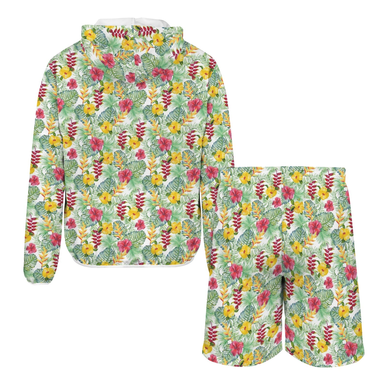 Tropical Flowers On White Men's Lightweight Sun Hoodie & Shorts Set Men's Lightweight Sun Hoodie & Shorts Plants Printed Offshore