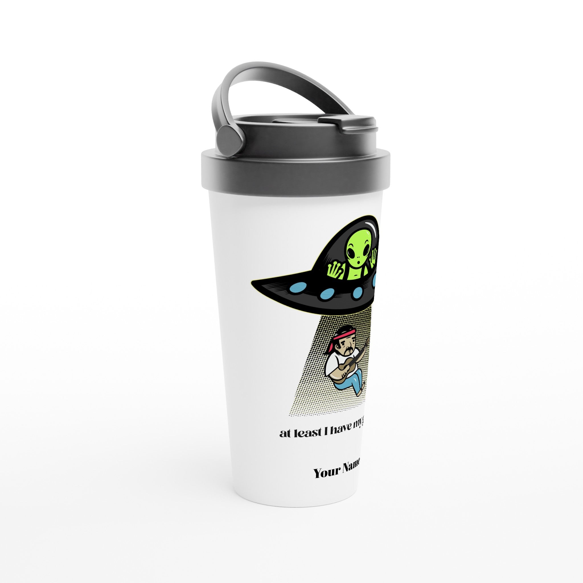 Personalised - Guitarist Alien Abduction - White 15oz Stainless Steel Travel Mug Personalised Travel Mug funny Globally Fulfilled Music Sci Fi