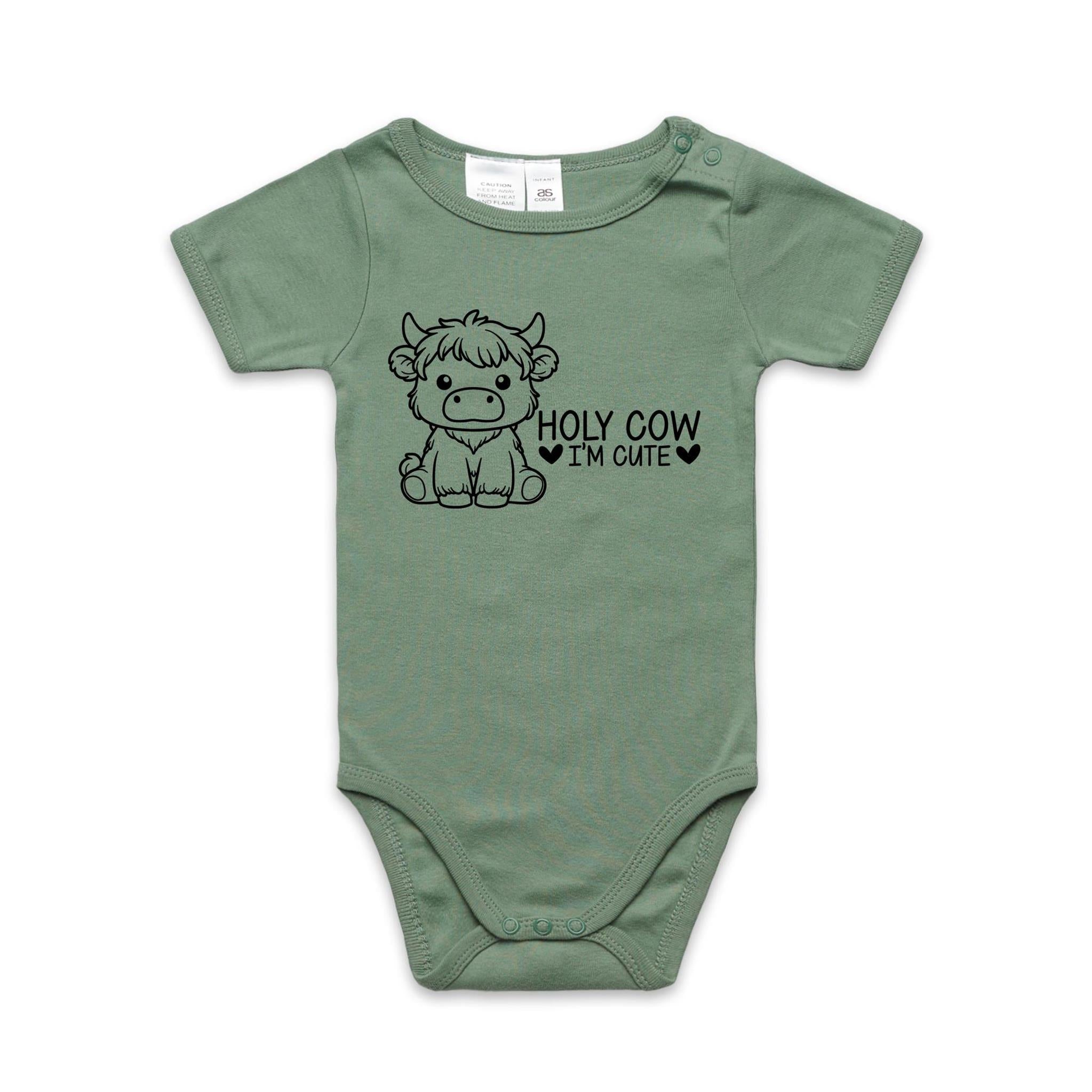 Holy Cow I'm Cute, Highland Cow AS Colour Baby Bodysuit Sage Baby Bodysuit Printed In Australia