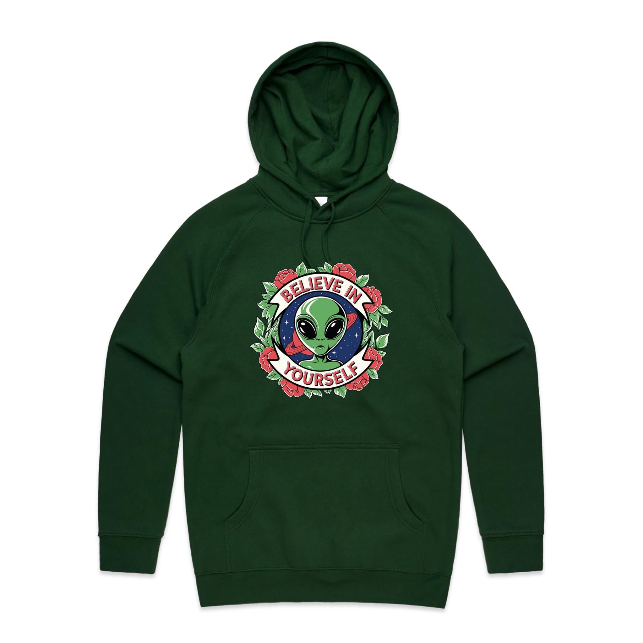 Believe In Yourself, Alien - Mens Hoodie Forest Green Mens Hoodie Motivation Positivity Printed In Australia Sci Fi