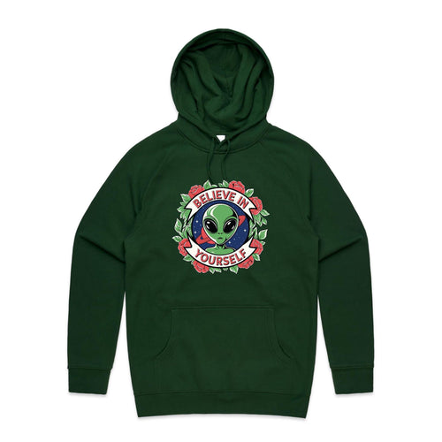 Believe In Yourself, Alien - Mens Hoodie Forest Green Mens Hoodie Motivation Positivity Printed In Australia Sci Fi