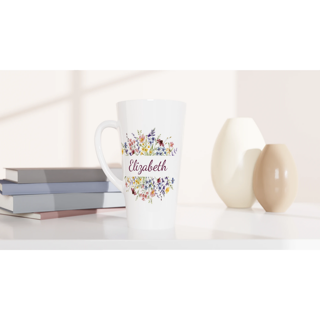 Personalise - Flower Frame Name - White Latte 17oz Ceramic Mug Personalised Latte Mug customise Globally Fulfilled Name Plants
