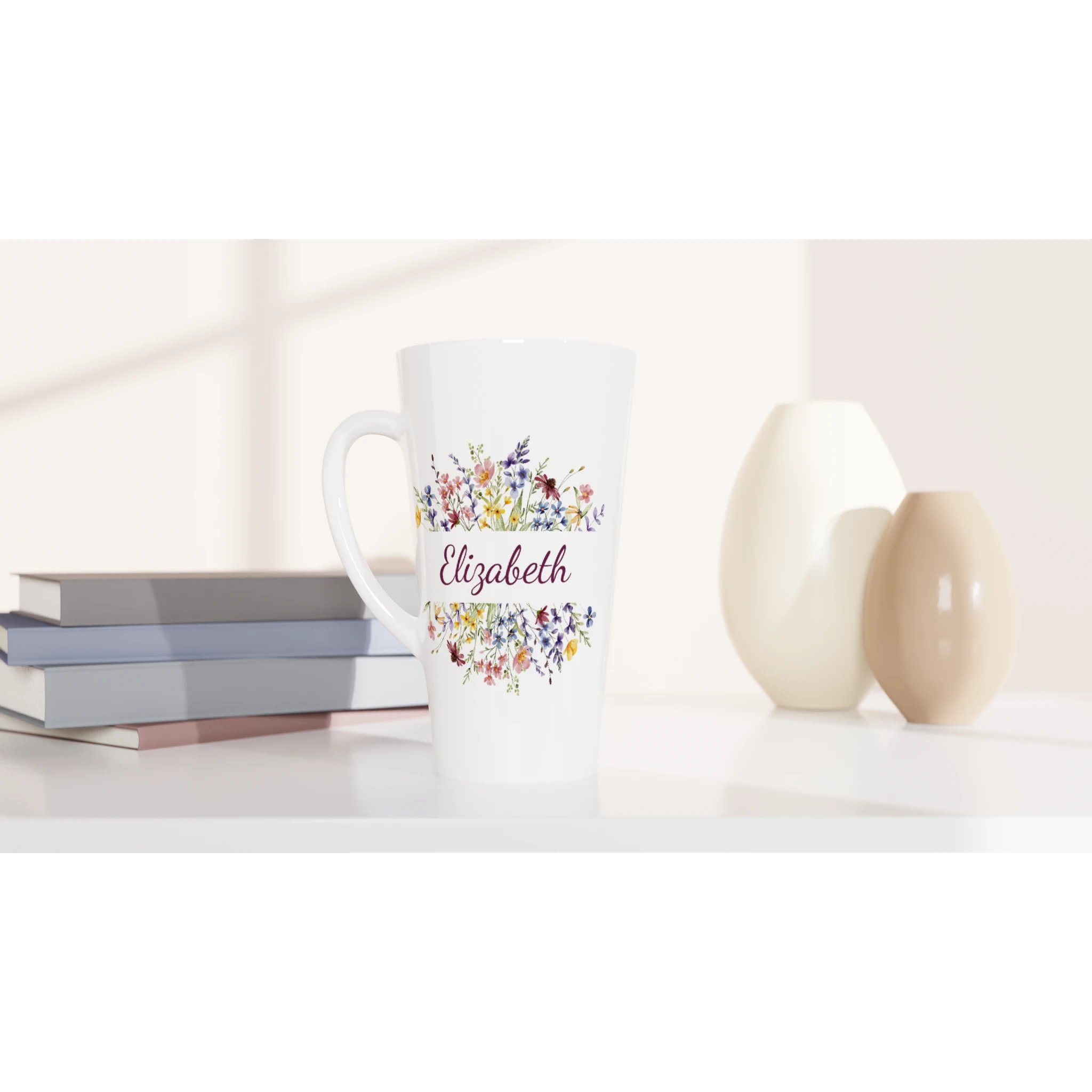 Personalise - Flower Frame Name - White Latte 17oz Ceramic Mug Personalised Latte Mug customise Globally Fulfilled Name Plants