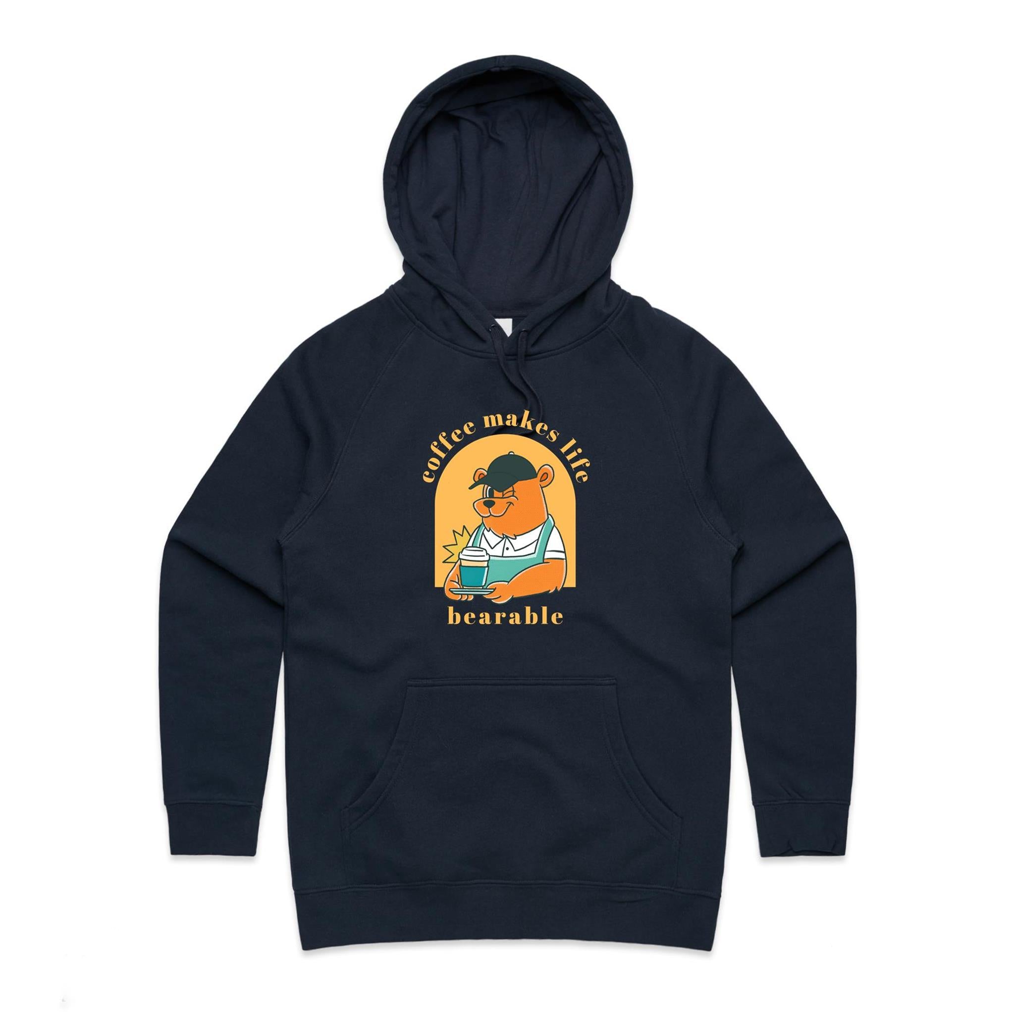 Coffee Makes Life Bearable - Womens Hoodie Navy Womens Hoodie animal Coffee Printed In Australia