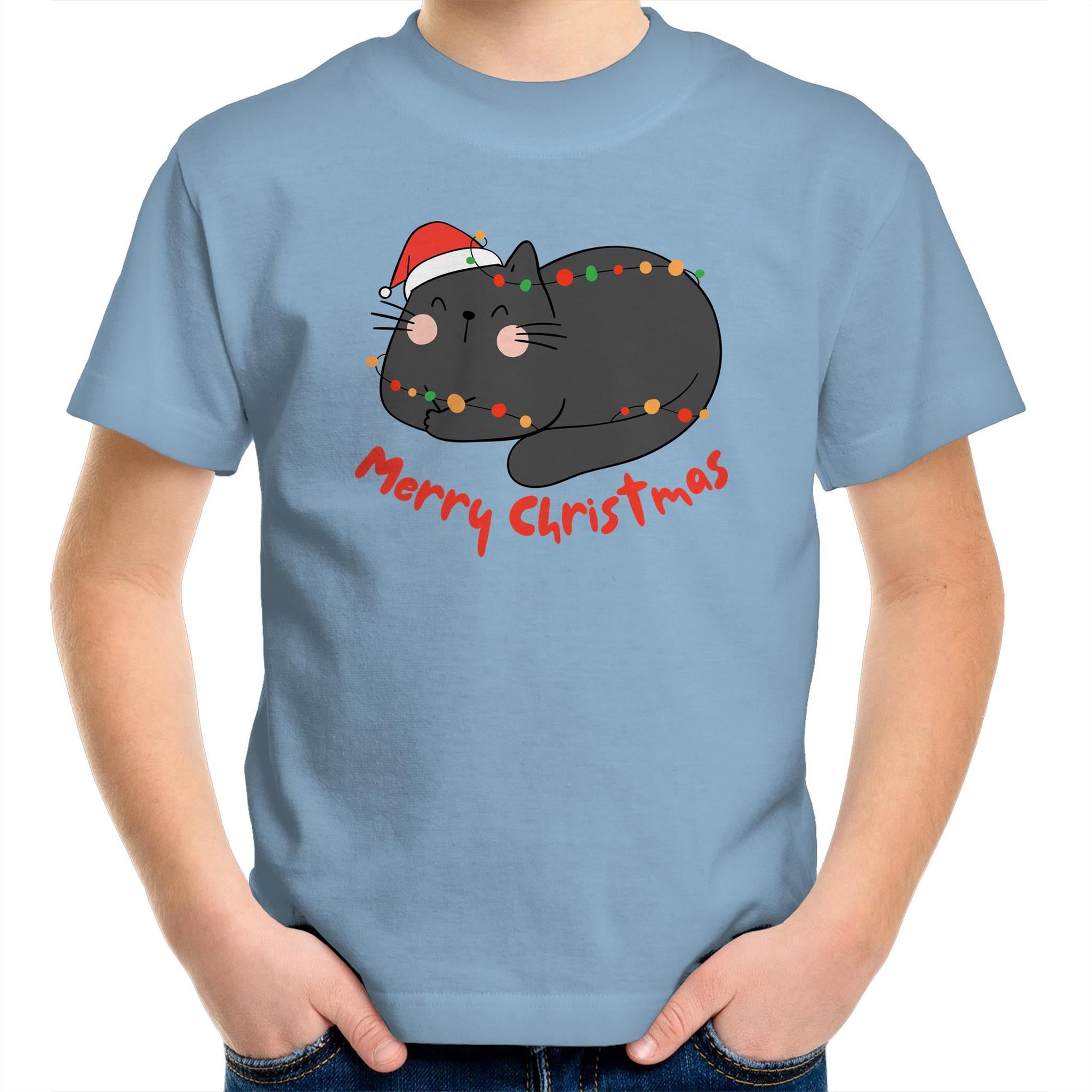 Cat Merry Christmas - Kids Youth T-Shirt Carolina Blue Kids Christmas T-shirt Christmas Printed In Australia