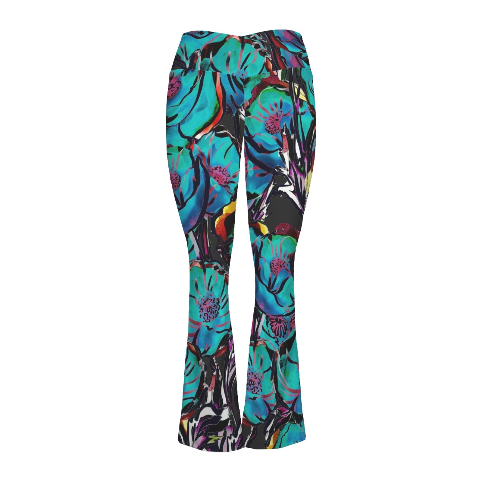 Flower It Blue High Waist Crossover Tummy Control Flare Leggings High Waist Flare Leggings Plants Printed Offshore