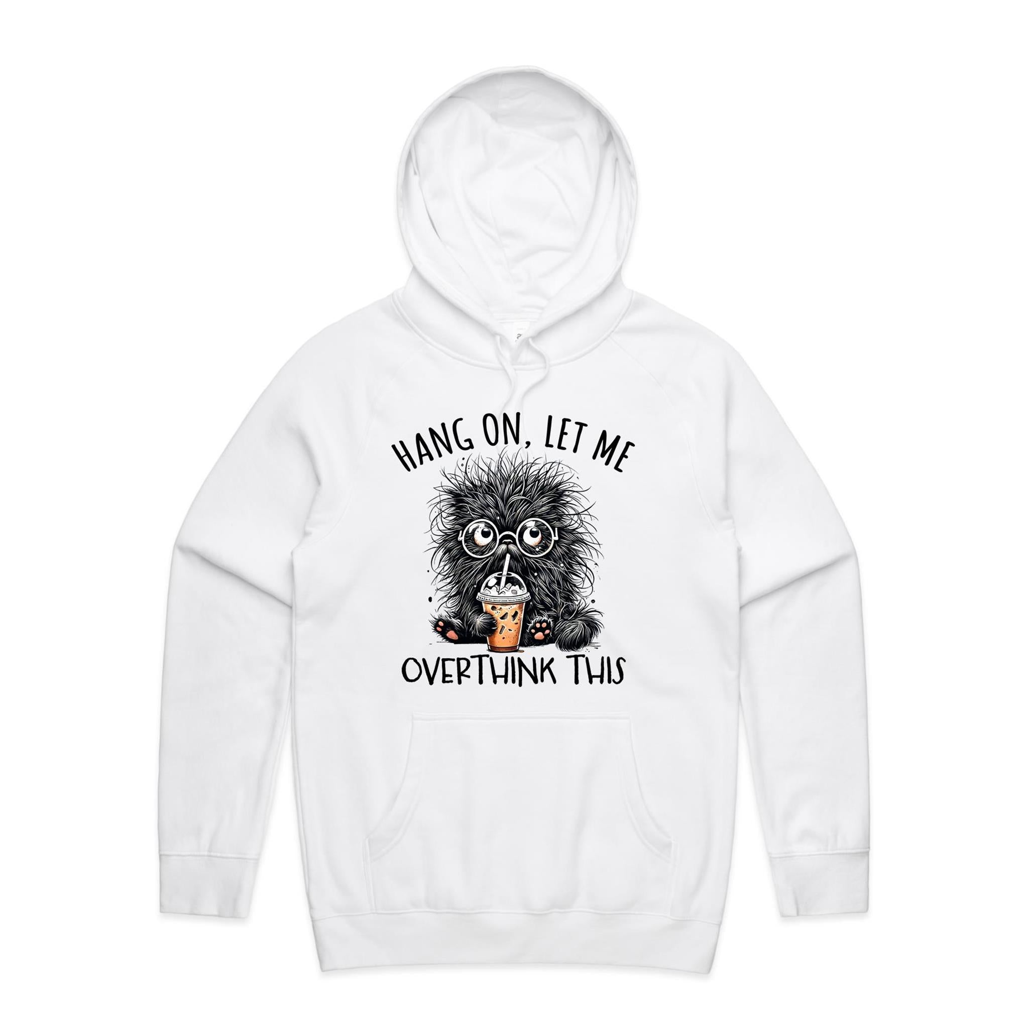 Frazzled Cat, Hang On Let Me Overthink This Men's AS Colour Hoodie White Mens Hoodie animal Printed In Australia