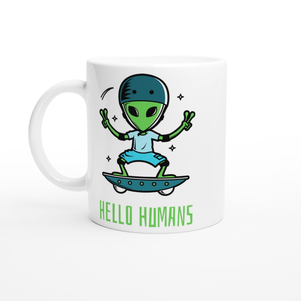Hello Humans, Alien Skateboard - White 11oz Ceramic Mug Default Title White 11oz Mug Globally Fulfilled Sci Fi