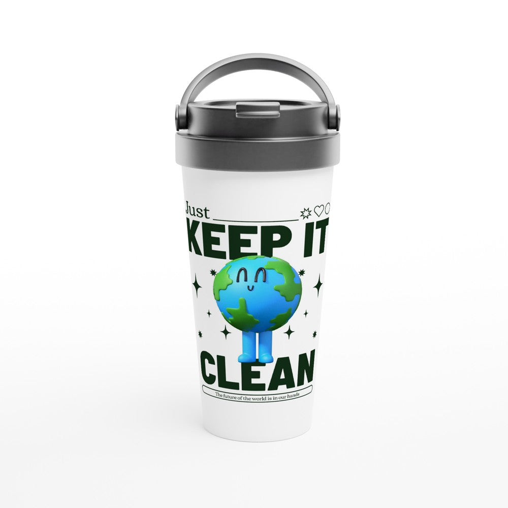 Just Keep It Clean, Planet Earth - White 15oz Stainless Steel Travel Mug Default Title Travel Mug Environment Globally Fulfilled