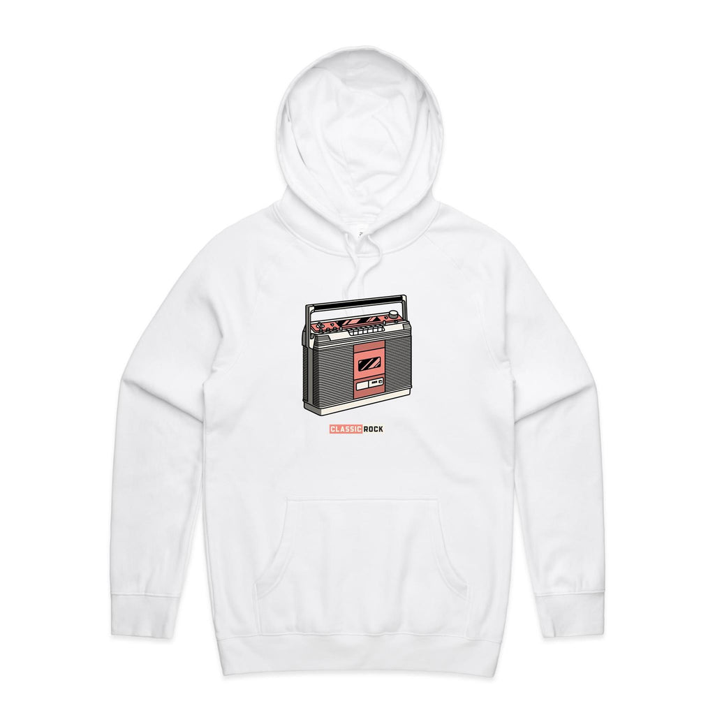 Classic Rock, Cassette Player - Mens Hoodie White Mens Hoodie Music Printed In Australia