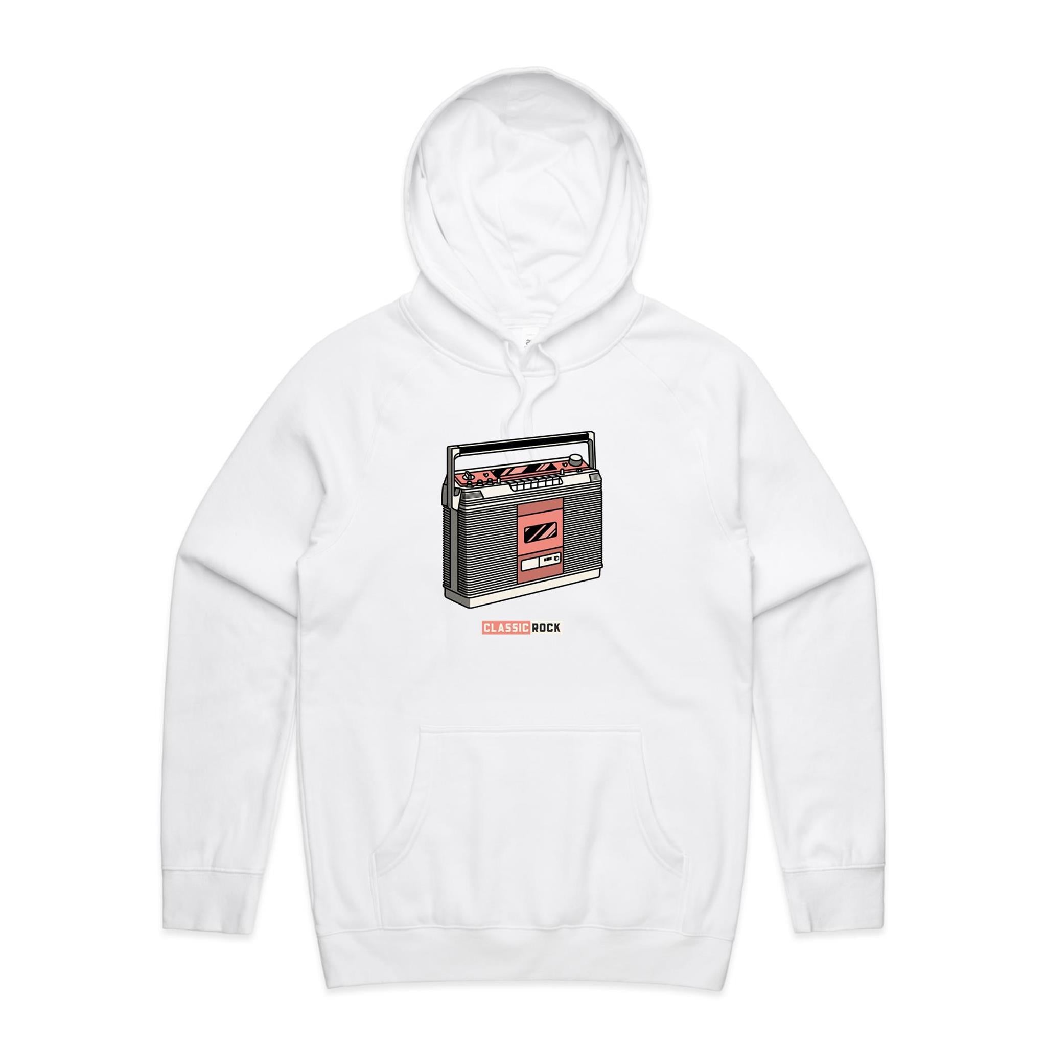 Classic Rock, Cassette Player - Mens Hoodie White Mens Hoodie Music Printed In Australia