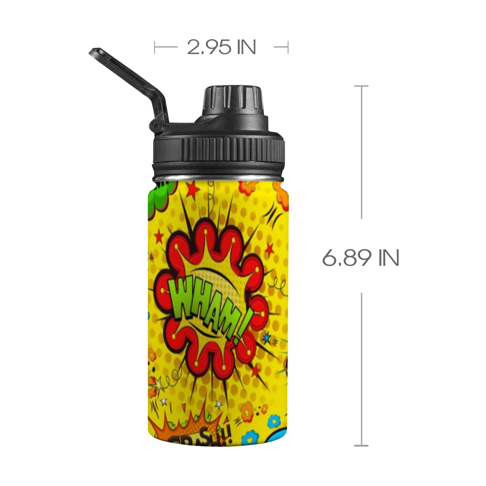 Comic Book Yellow Kids Water Bottle with Chug Lid (12 oz) One Size Kids Water Bottle with Chug Lid comic Printed Offshore