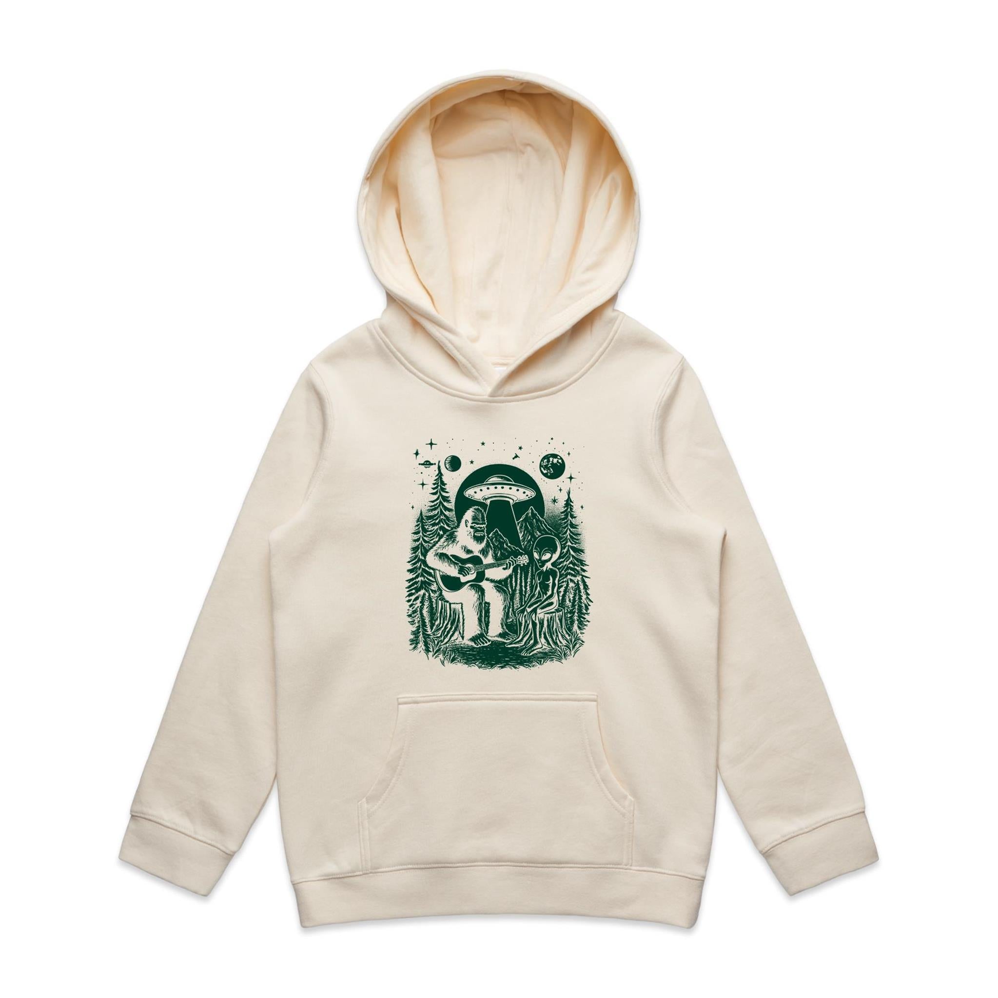 Alien And Bigfoot Playing Guitar - Kids Hoodie Ecru Kids Hoodie Printed In Australia