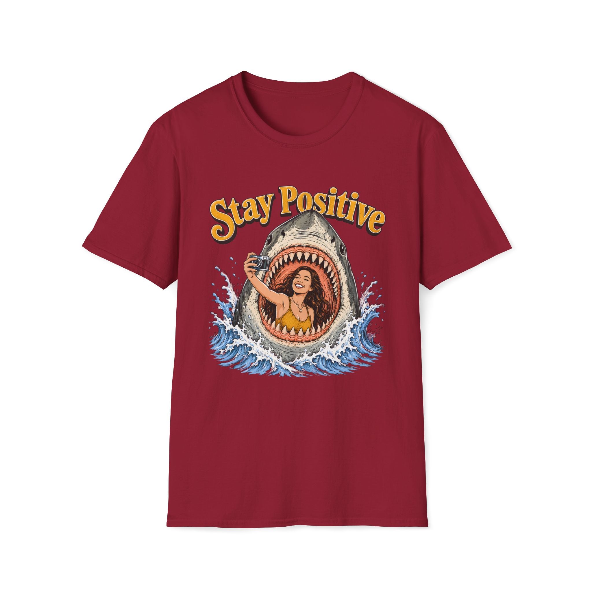 Stay Positive Shark Selfie Unisex T-Shirt Cardinal Red Unisex Adult T-shirt Globally Fulfilled Ocean Retro