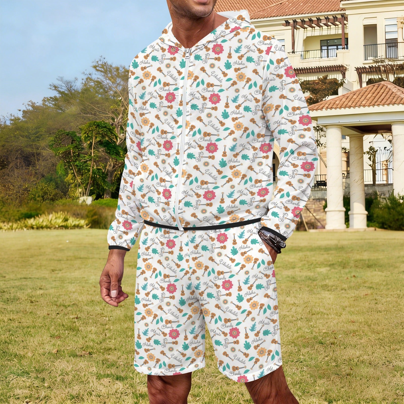 Ukulele Men's Lightweight Sun Hoodie & Shorts Set Men's Lightweight Sun Hoodie & Shorts Music Printed Offshore