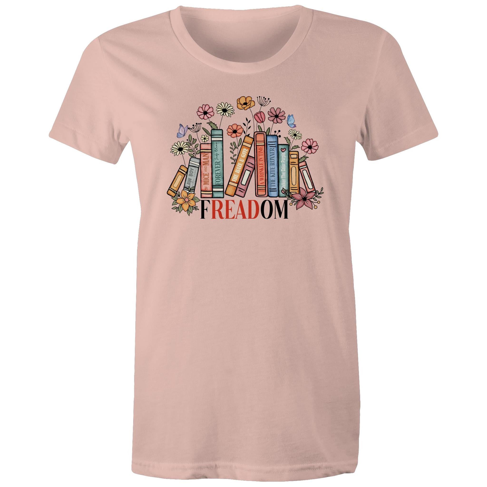 Freedom, Reading Books - Womens T-shirt Pale Pink Womens T-shirt Printed In Australia Reading