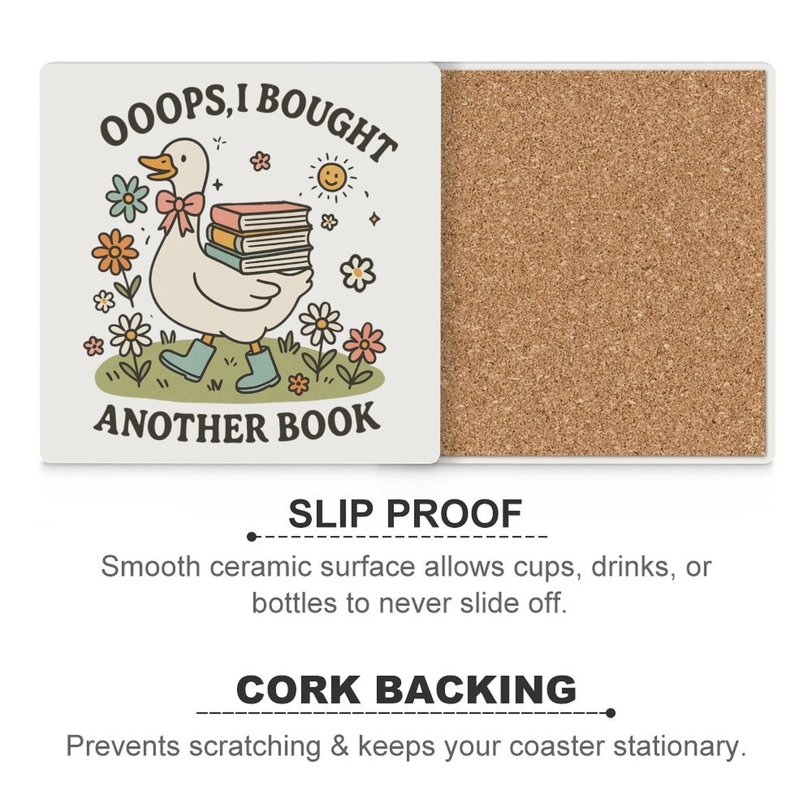 Oops, I Bought Another Book, Goose - Ceramic Coasters (Square) Ceramic Coasters animal Printed Offshore Reading