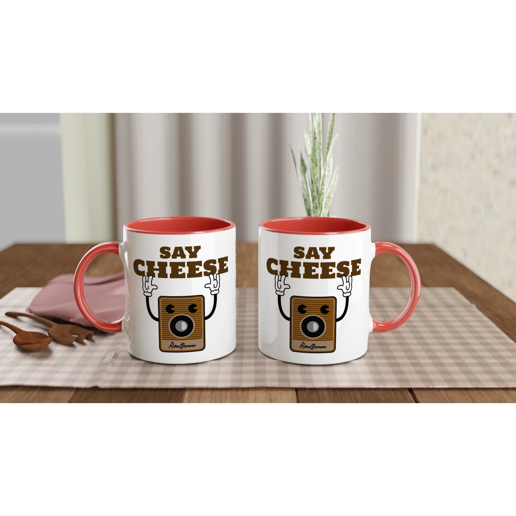 Personalised - Say Cheese, Retro Camera - White 11oz Ceramic Mug with Colour Inside Personalised 11oz Mug customise Globally Fulfilled personalise Retro Tech