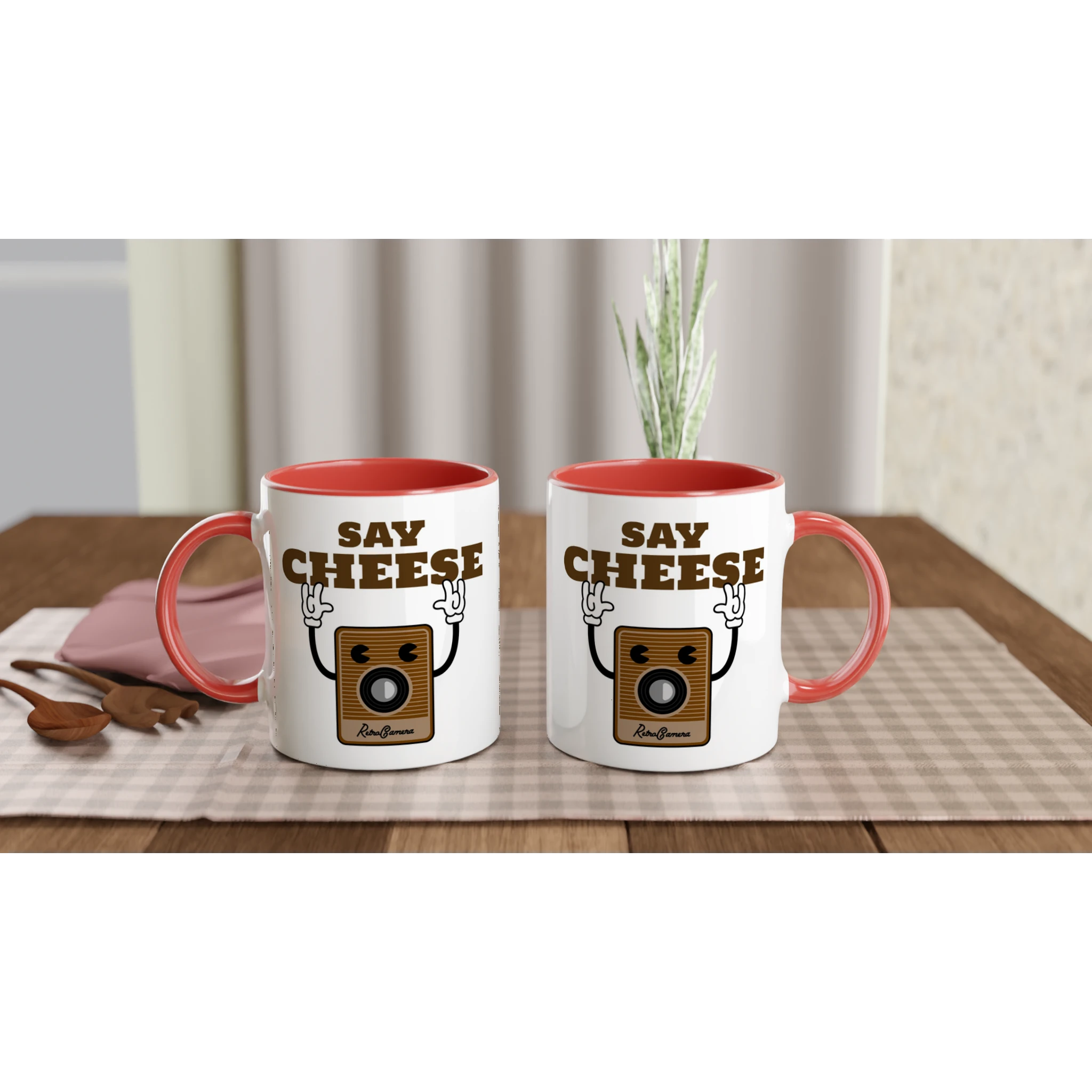 Personalised - Say Cheese, Retro Camera - White 11oz Ceramic Mug with Colour Inside Personalised 11oz Mug customise Globally Fulfilled personalise Retro Tech