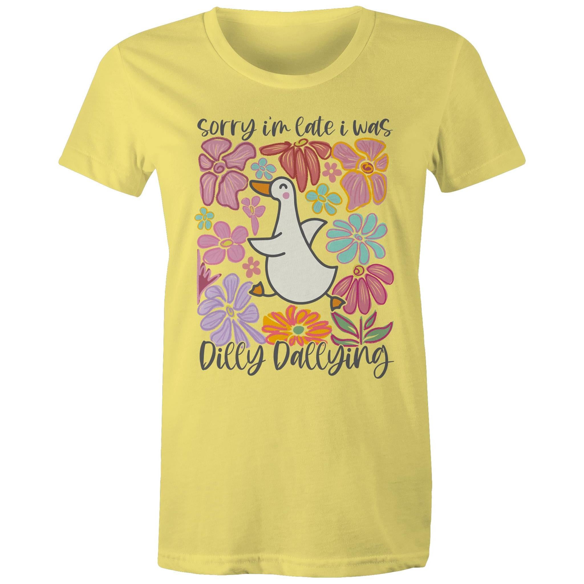 Sorry I'm Late, I Was Dilly Dallying - Womens T-shirt Yellow Womens T-shirt animal Printed In Australia