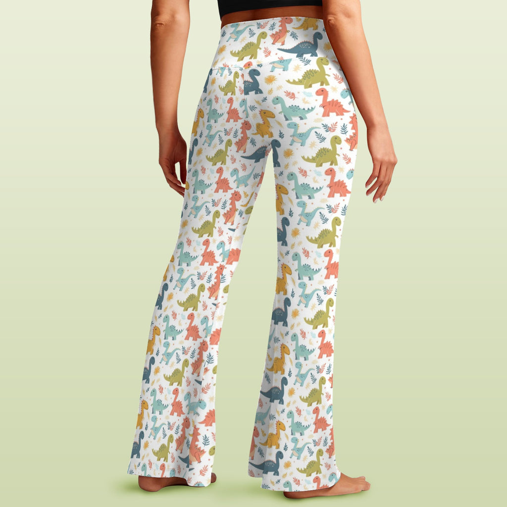 Cute Colourful Dinosaurs High Waist Crossover Tummy Control Flare Leggings High Waist Flare Leggings animal Printed Offshore