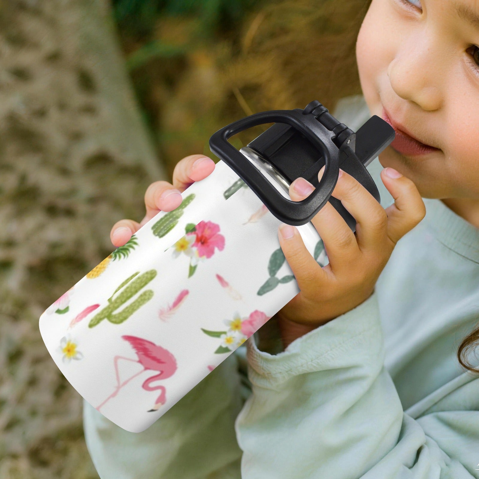 Flamingos And Cactus 12oz Kids Water Bottle with Straw Lid