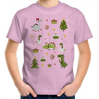 Cute Dinosaur Christmas - Kids Youth T-Shirt Pink Kids Christmas T-shirt Christmas Printed In Australia