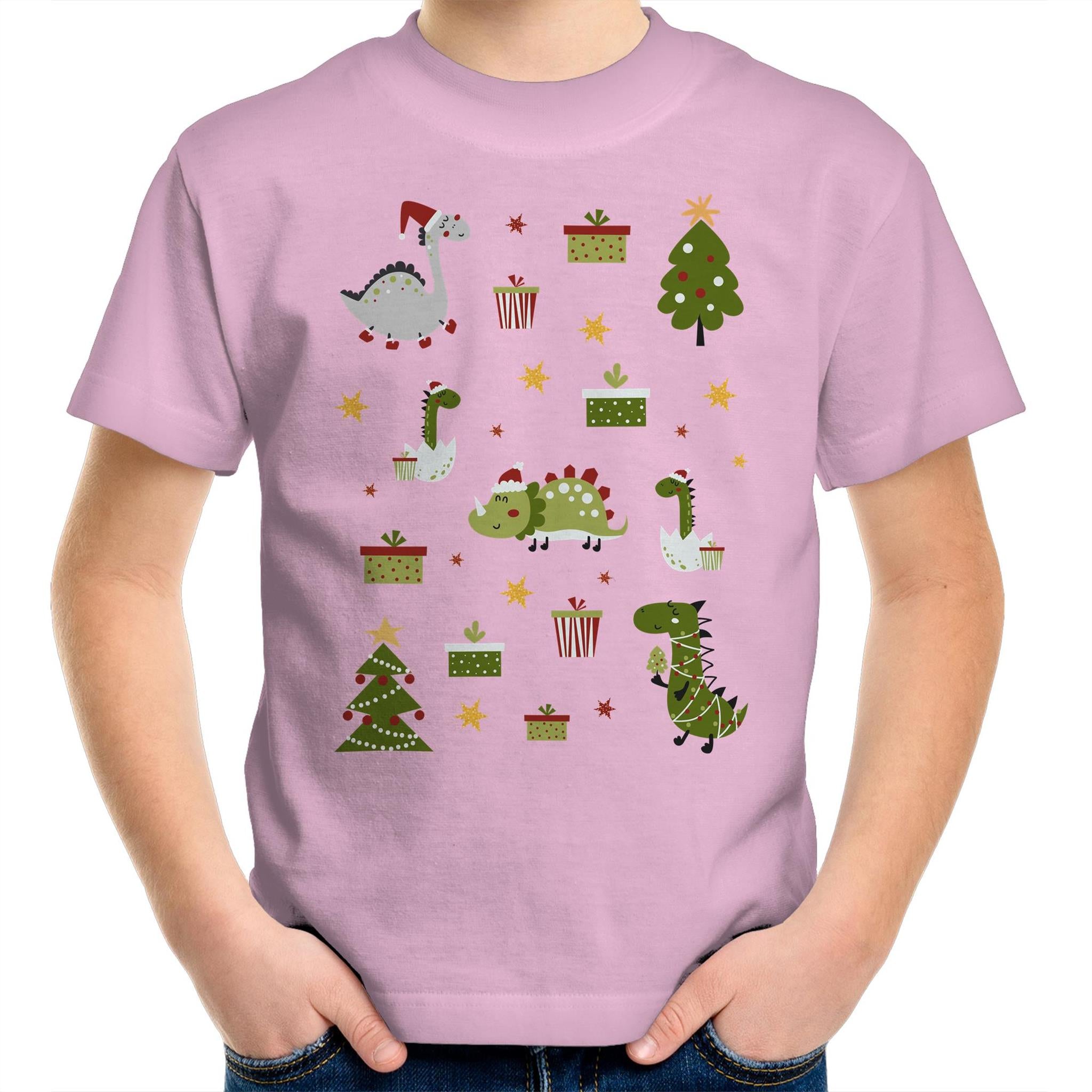 Cute Dinosaur Christmas - Kids Youth T-Shirt Pink Kids Christmas T-shirt Christmas Printed In Australia