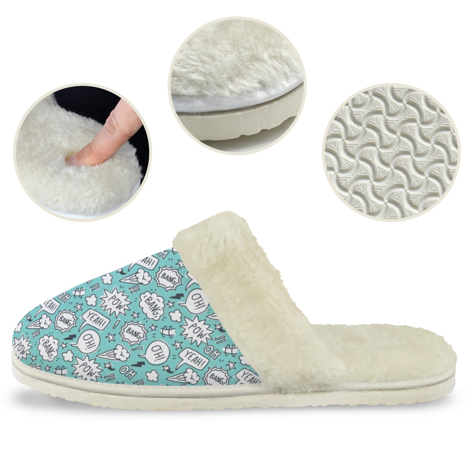 Comic Book Speech Bubbles Men's Fur Trim Thick-Sole Indoor Slippers Men's Fur Trimmed Slippers comic Printed Offshore