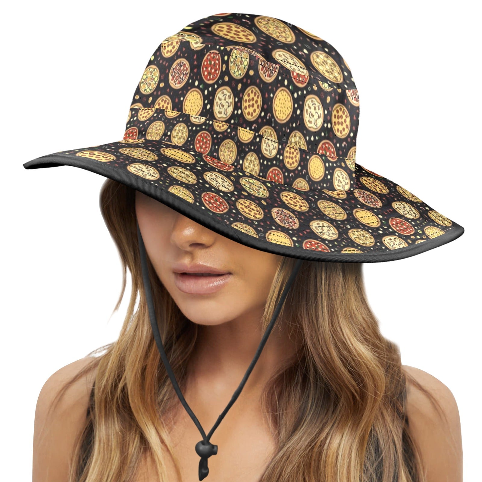 Round Pizzas On Black Wide Brim Bucket Hat Wide Brim Bucket Hat Food Printed Offshore