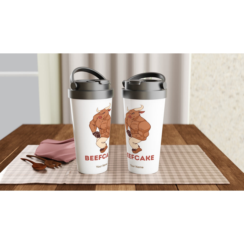 Personalised - Beefcake - White 15oz Stainless Steel Travel Mug Personalised Travel Mug Fitness Globally Fulfilled