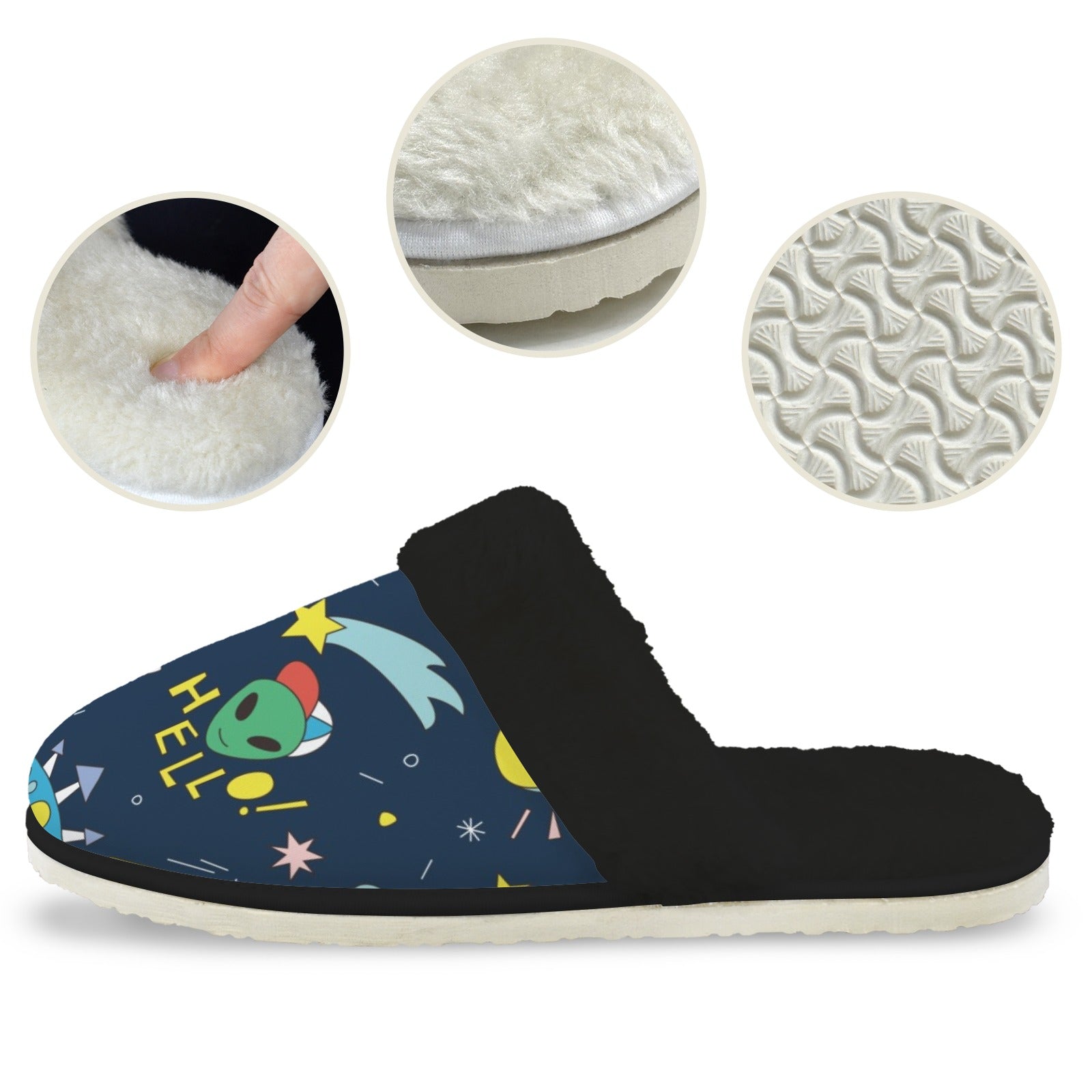 Hello Alien Men's Fur Trim Thick-Sole Indoor Slippers Men's Fur Trimmed Slippers Printed Offshore Sci Fi
