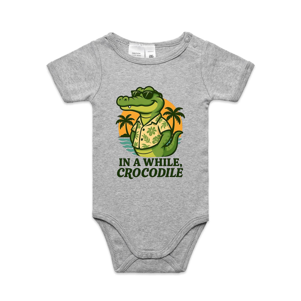In A While, Crocodile AS Colour Baby Bodysuit Grey Marle Baby Bodysuit animal Printed In Australia
