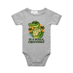 In A While, Crocodile AS Colour Baby Bodysuit Grey Marle Baby Bodysuit animal Printed In Australia