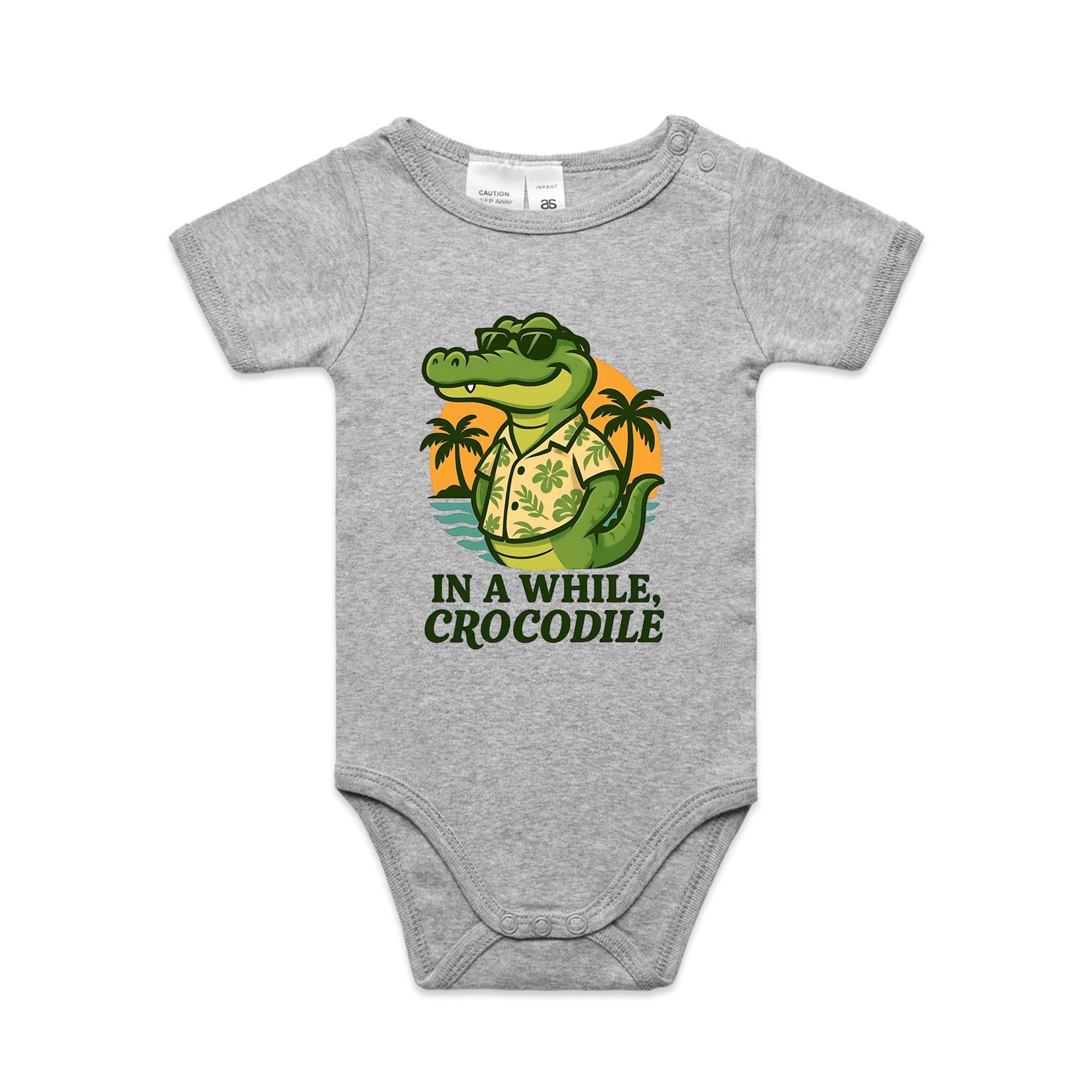 In A While, Crocodile - AS Colour Baby Bodysuit Grey Marle Baby Bodysuit animal Printed In Australia