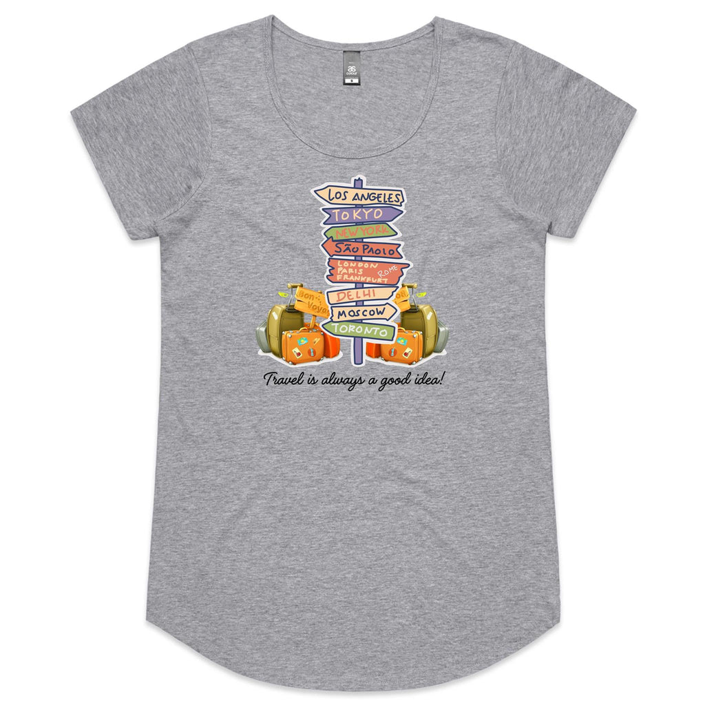 Travel Is Always A Good Idea Women's AS Colour Scoop Neck T-Shirt Grey Marle Womens Scoop Neck T-shirt Printed In Australia