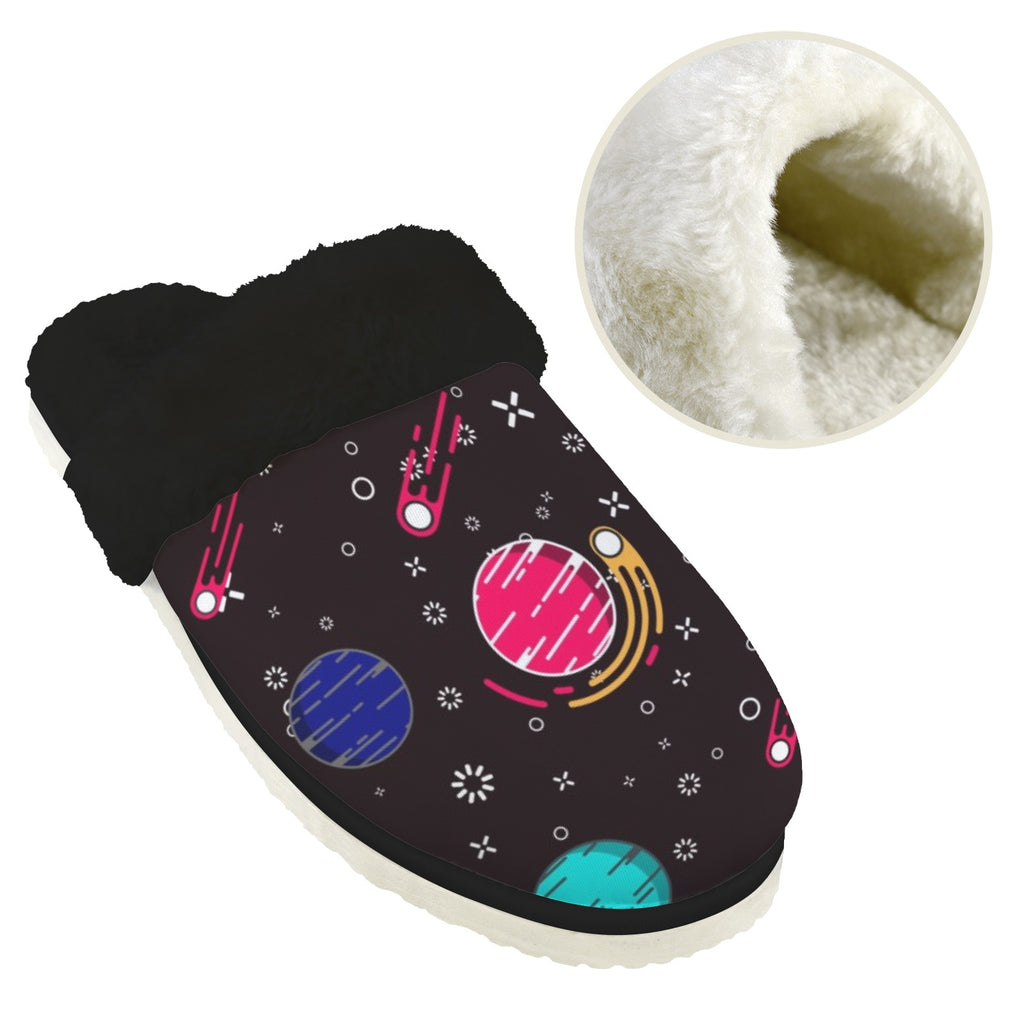 Planet Orbit Men's Fur Trim Thick-Sole Indoor Slippers Men's Fur Trimmed Slippers Printed Offshore Space