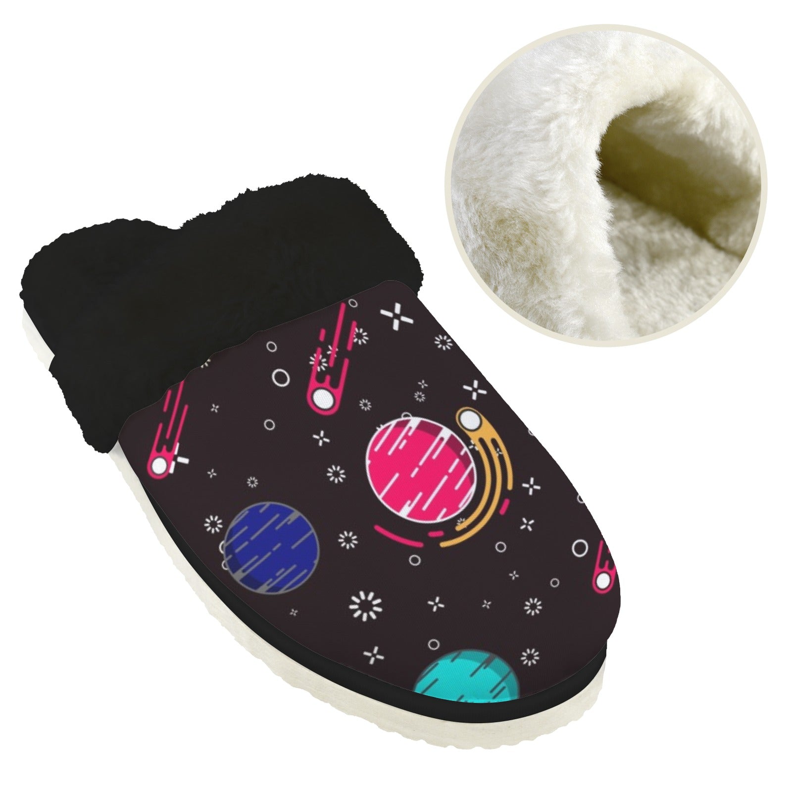 Planet Orbit Men's Fur Trim Thick-Sole Indoor Slippers Men's Fur Trimmed Slippers Printed Offshore Space