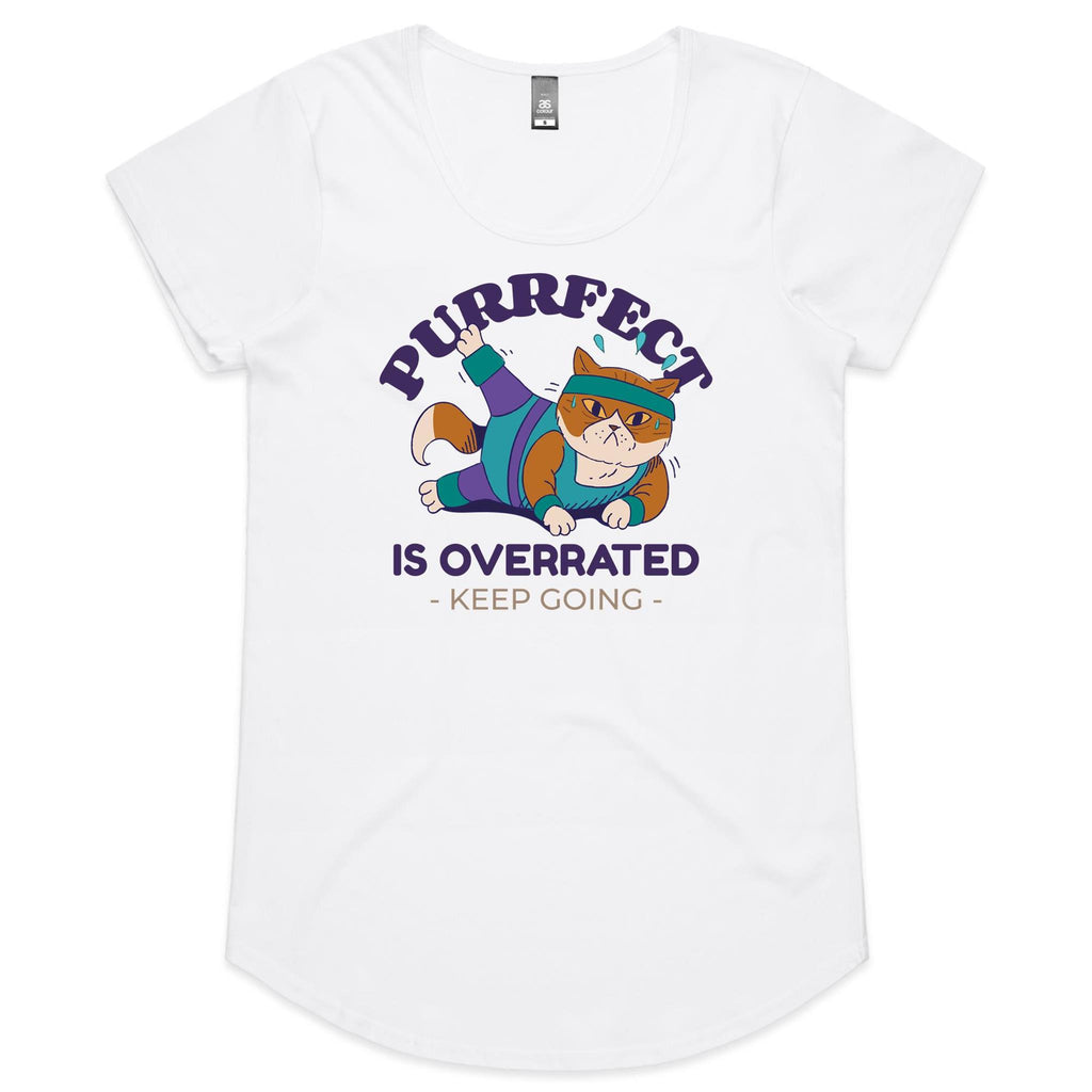 Purrfect Is Overrated - Womens Scoop Neck T-Shirt White Womens Scoop Neck T-shirt animal Fitness Printed In Australia