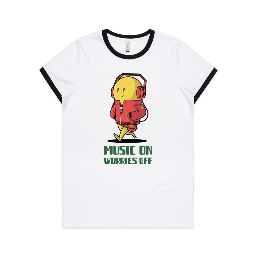 Music On, Worries Off - Women's Ringer Tee White Black Womens Ringer T-shirt Music Printed In Australia