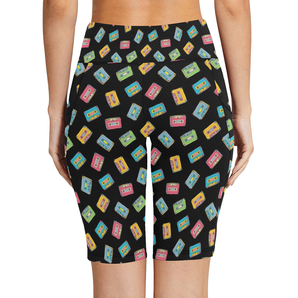 Colourful Cassettes Women's Bike Shorts With Side Pockets Women's Bike Shorts Music Printed Offshore Retro