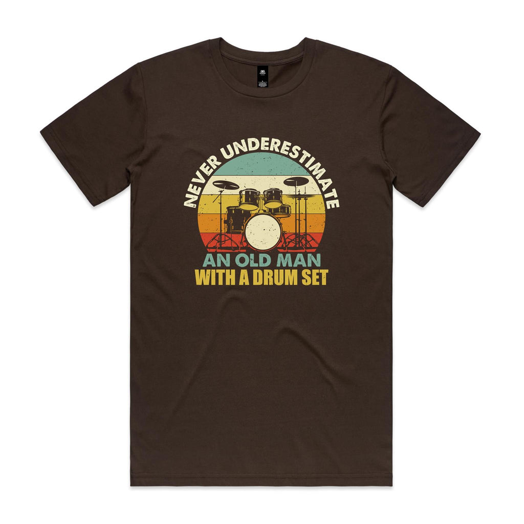 Never Underestimate An Old Man With A Drum Set Men's AS Colour T-shirt Dark Chocolate Mens T-shirt Music Printed In Australia