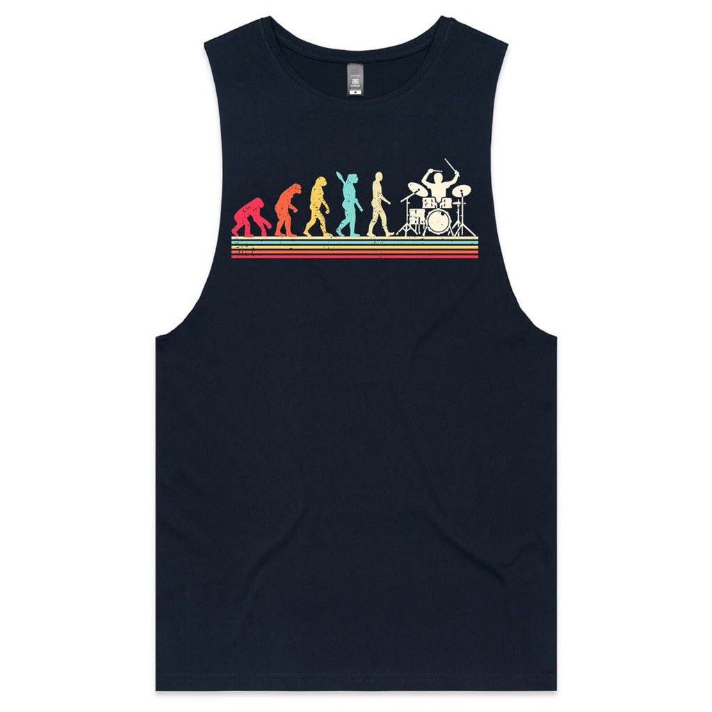 Drummer Evolution - Mens Tank Top Tee Navy Drop Arm Tank Top Music Printed In Australia