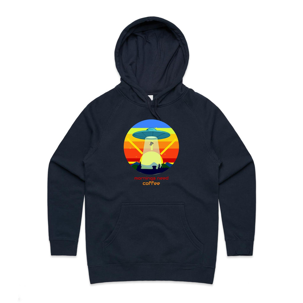 Mornings Need Coffee - Womens Hoodie Navy Womens Hoodie Coffee Printed In Australia