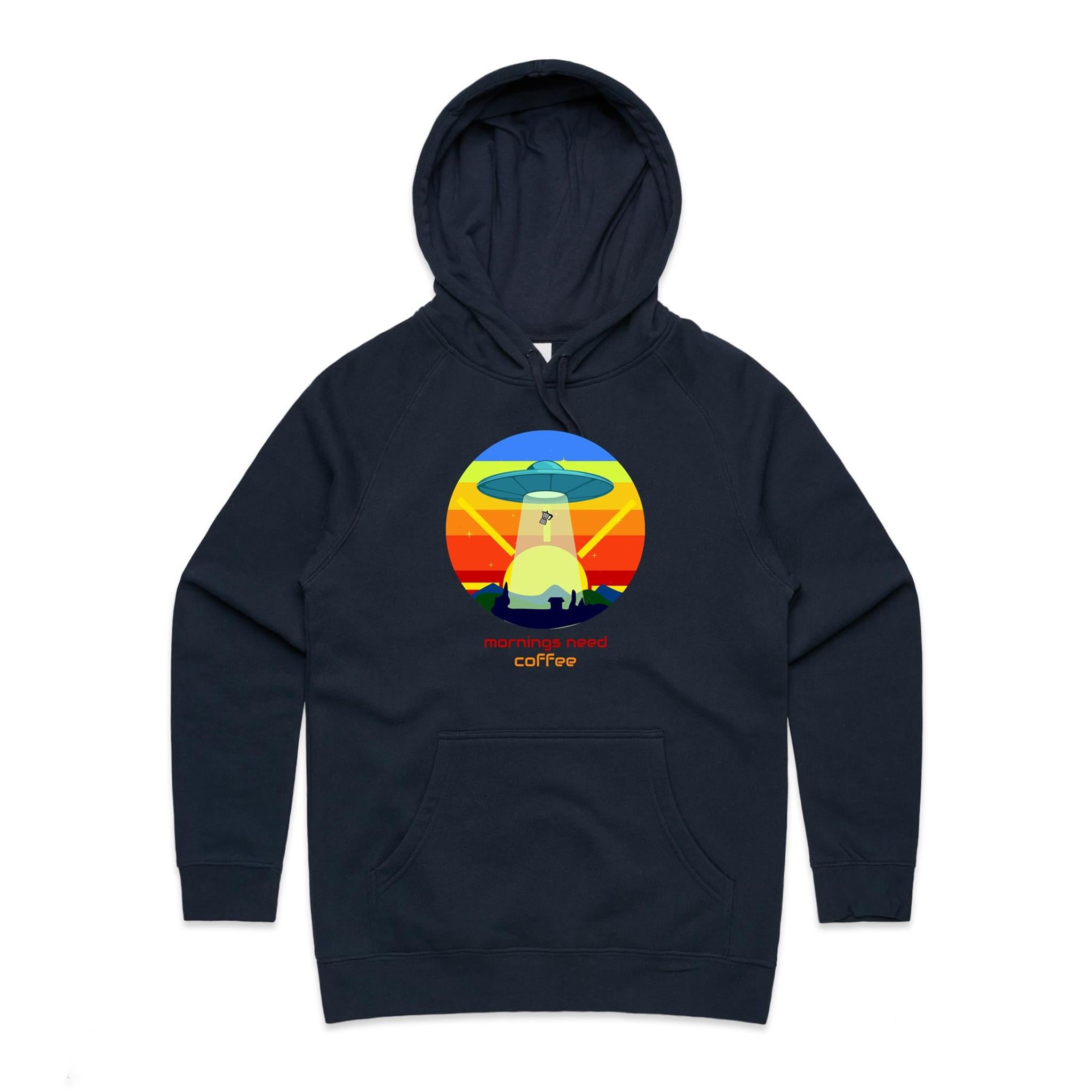 Mornings Need Coffee - Womens Hoodie Navy Womens Hoodie Coffee Printed In Australia