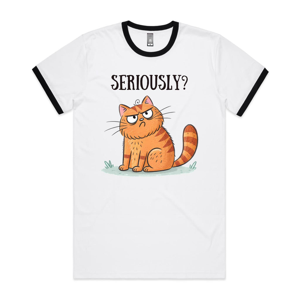 Cat Seriously? - Staple Ringer Tee White Black Ringer T-Shirt animal Printed In Australia