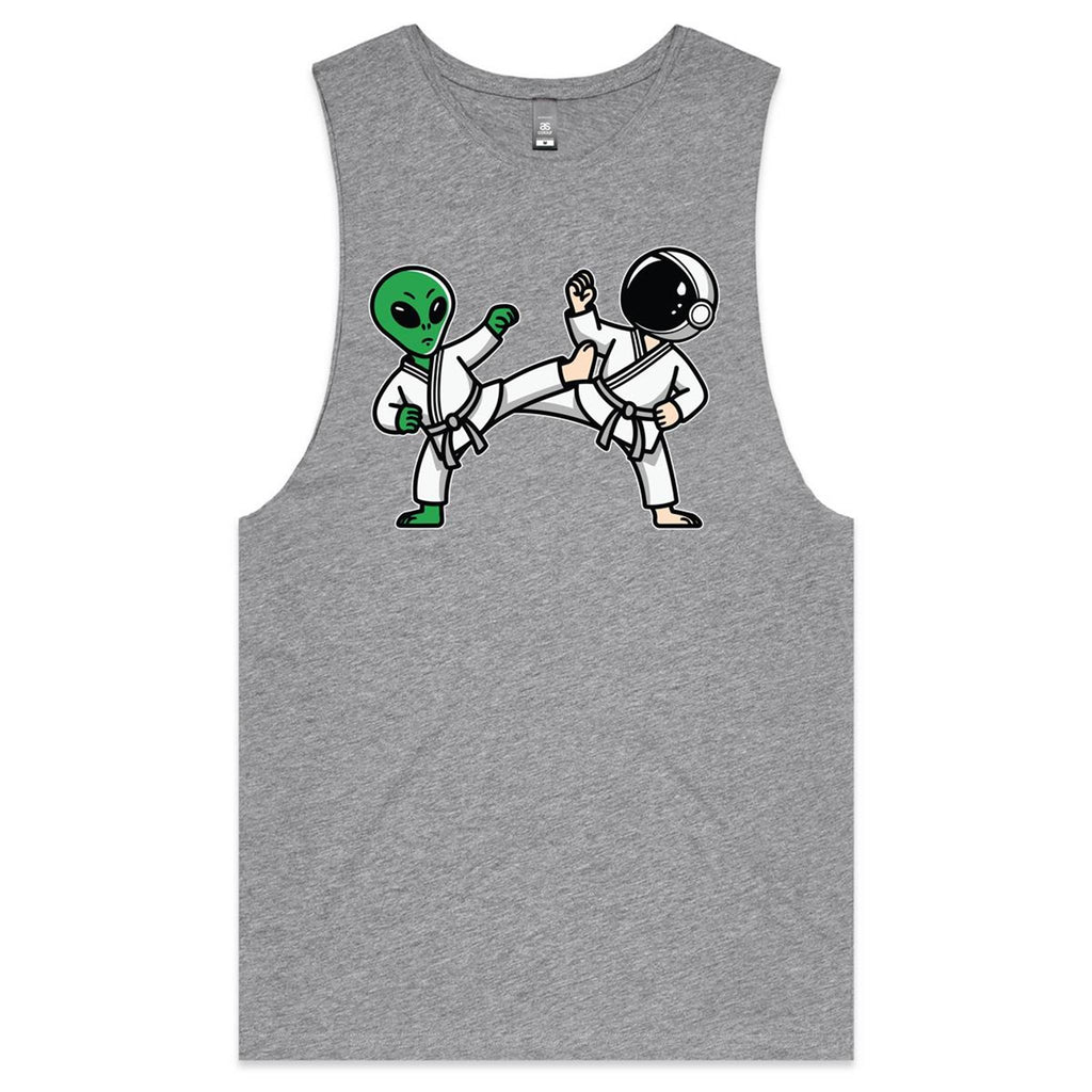 Alien And Astronaut Karate - Tank Top Tee Grey Marle Drop Arm Tank Top Fitness Printed In Australia
