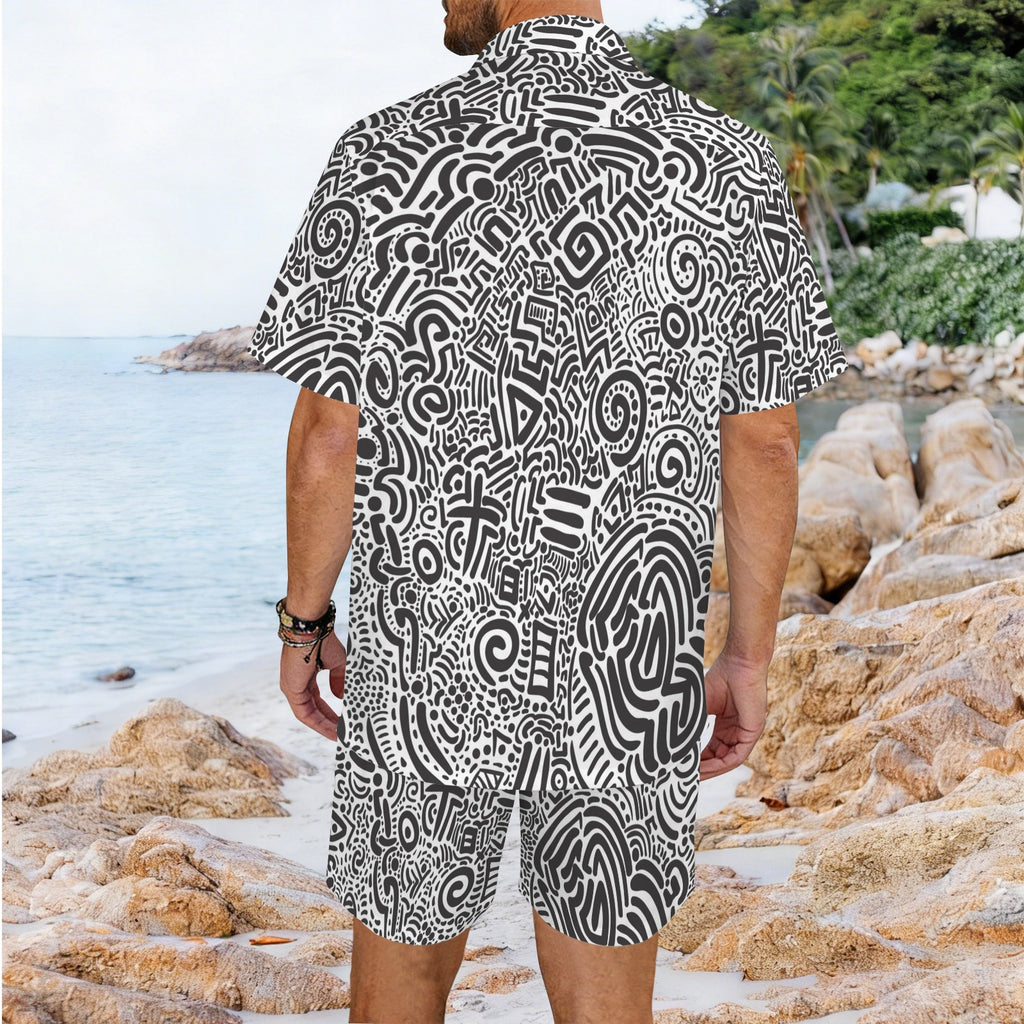 Black And White Abstract Men's Hawaiian Shirt & Shorts Set Men's Hawaiian Shirt & Shorts Set Printed Offshore