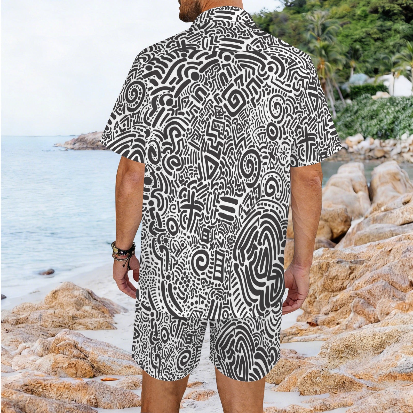 Black And White Abstract Men's Hawaiian Shirt & Shorts Set Men's Hawaiian Shirt & Shorts Set Printed Offshore
